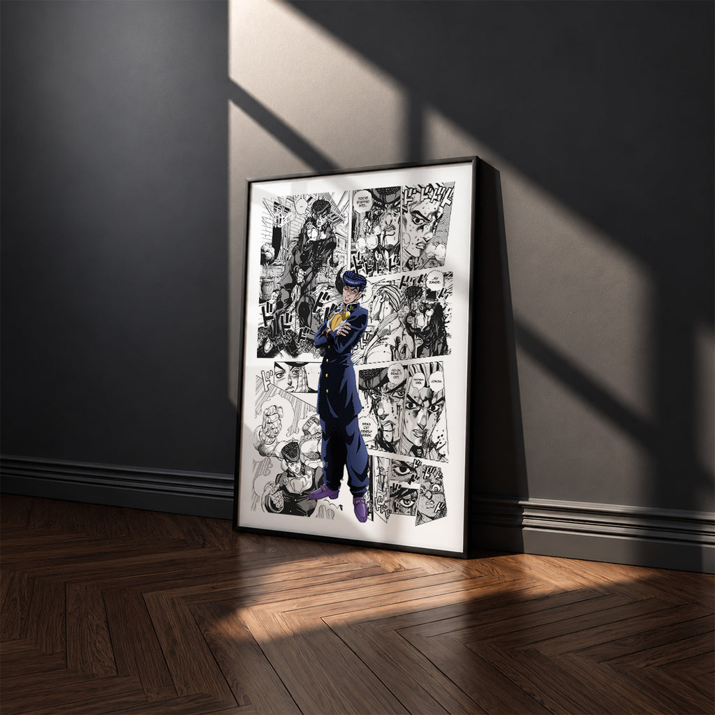 Josuke Higashikata manga poster inspired by JoJo's Bizarre Adventure in a black frame against a charcoal gray wall