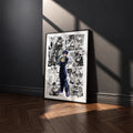 Josuke Higashikata manga poster inspired by JoJo's Bizarre Adventure in a black frame against a charcoal gray wall