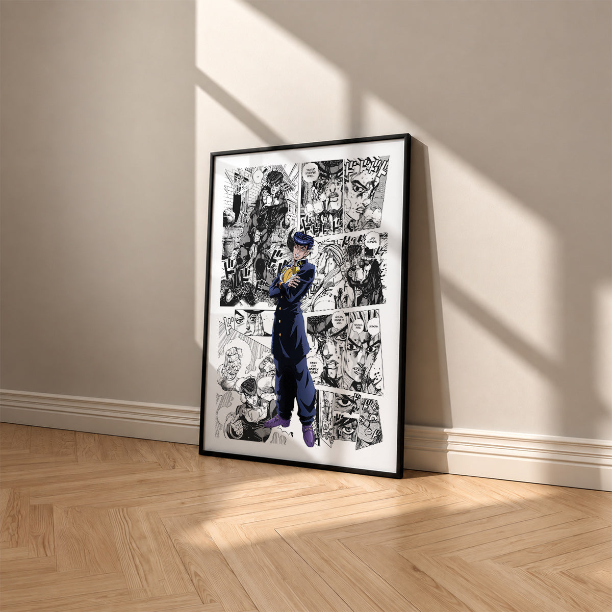 Josuke Higashikata manga poster inspired by JoJo's Bizarre Adventure in a black frame against a warm beige wall