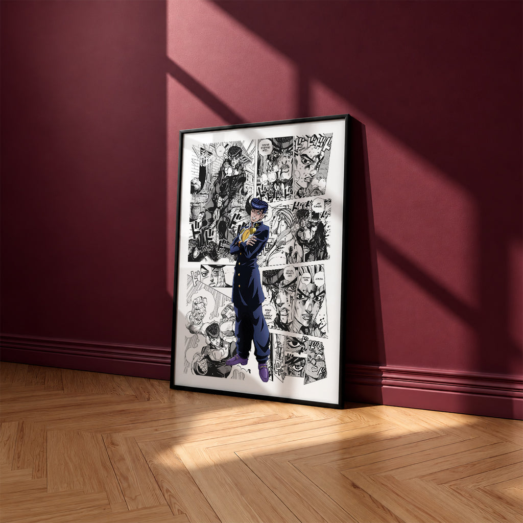 Josuke Higashikata manga poster inspired by JoJo's Bizarre Adventure in a black frame against a burgundy wall