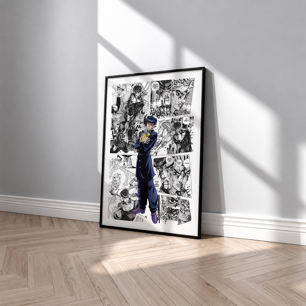 Josuke Higashikata manga poster inspired by JoJo's Bizarre Adventure in a black frame against a light gray wall