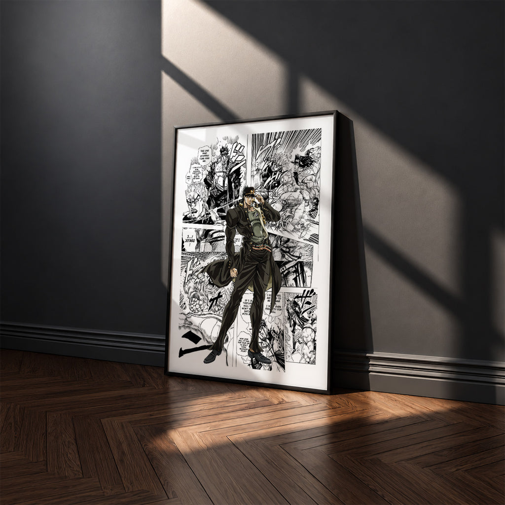 Jotaro Kujo manga poster inspired by JoJo's Bizarre Adventure in a black frame against a charcoal gray wall