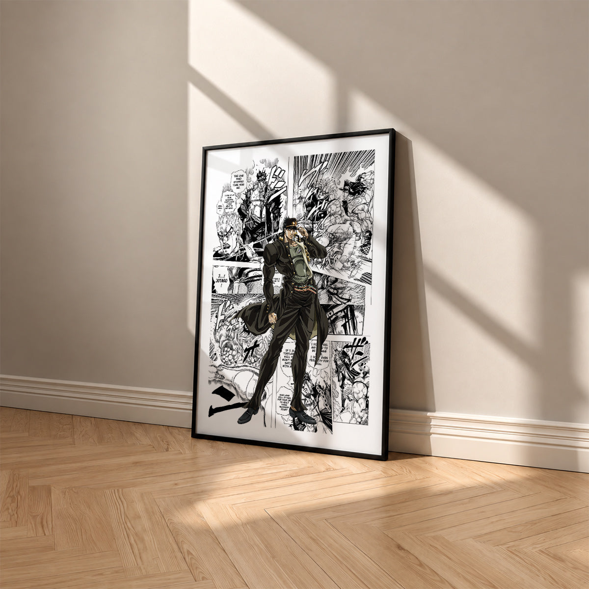 Jotaro Kujo manga poster inspired by JoJo's Bizarre Adventure in a black frame against a warm beige wall