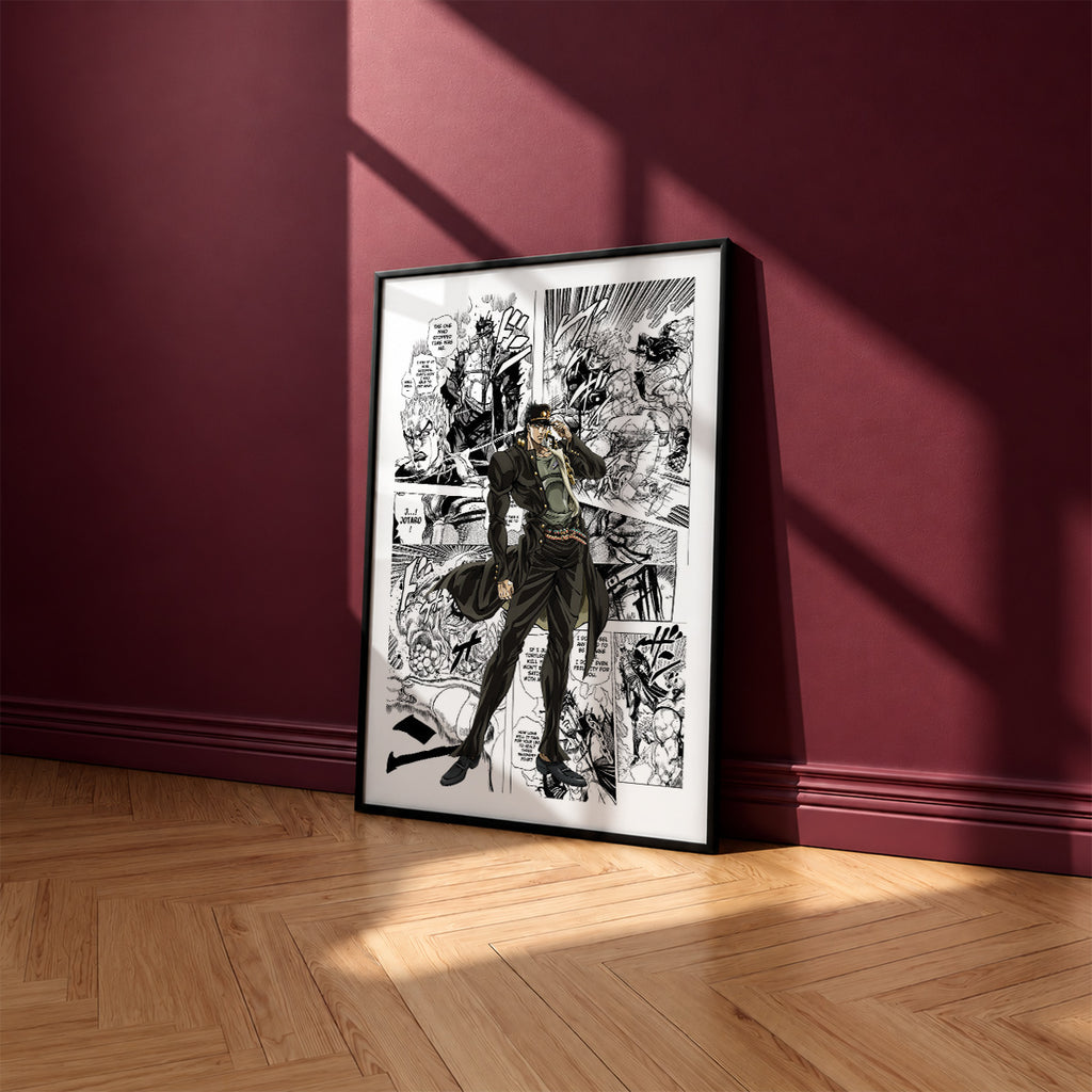 Jotaro Kujo manga poster inspired by JoJo's Bizarre Adventure in a black frame against a burgundy wall