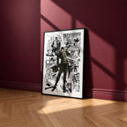 Jotaro Kujo manga poster inspired by JoJo's Bizarre Adventure in a black frame against a burgundy wall