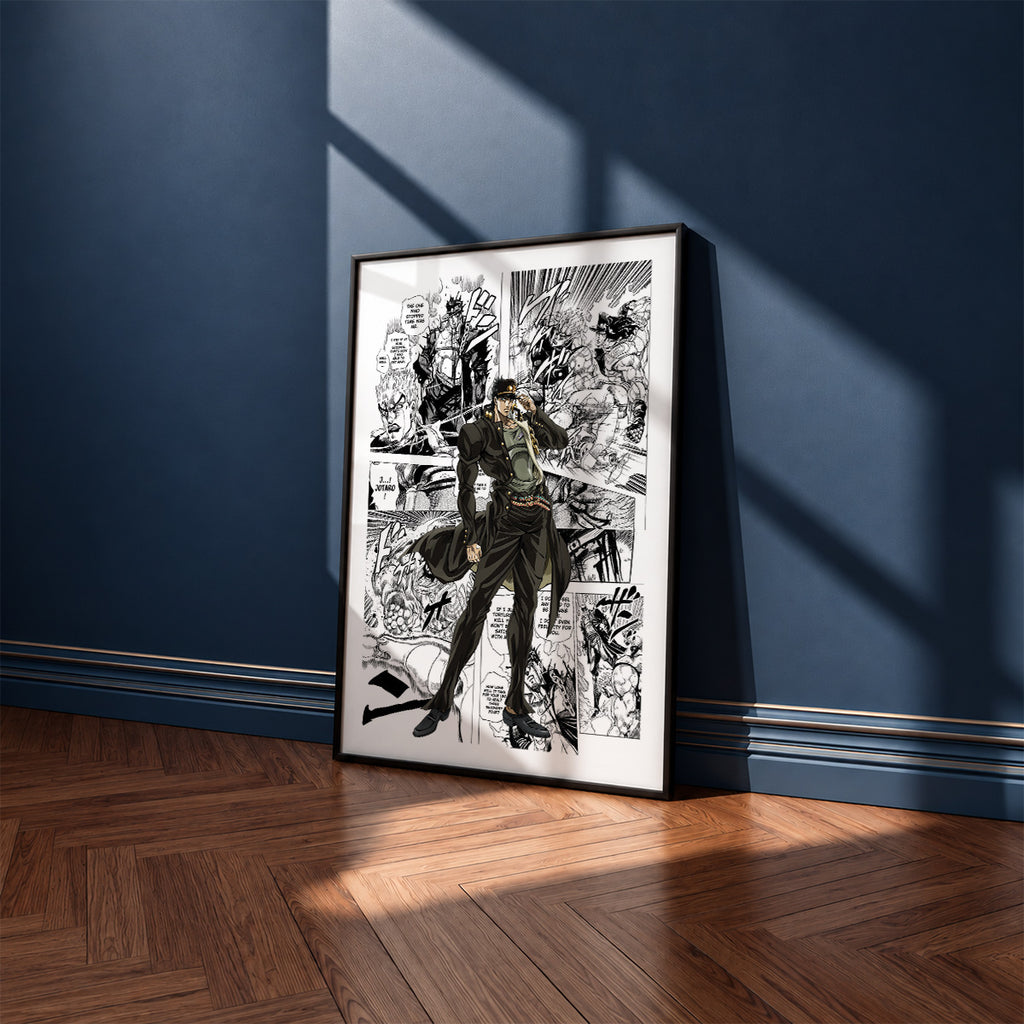 Jotaro Kujo manga poster inspired by JoJo's Bizarre Adventure in a black frame against a navy blue wall