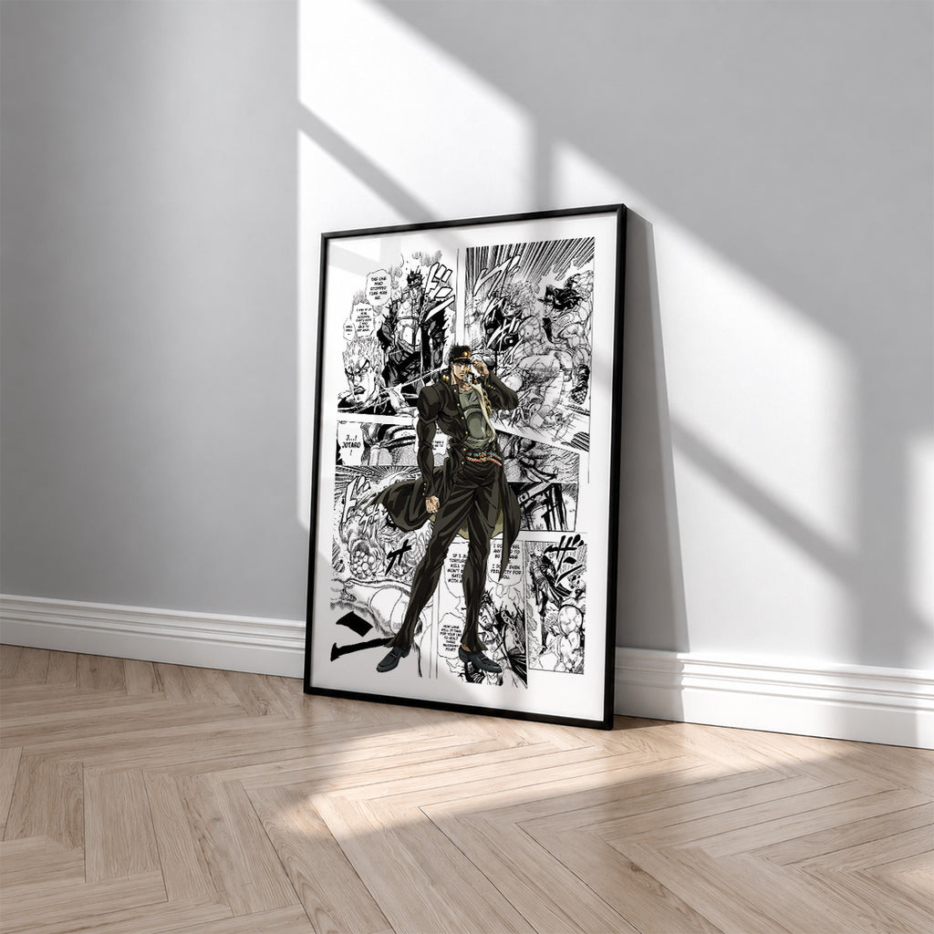Jotaro Kujo manga poster inspired by JoJo's Bizarre Adventure in a black frame against a light gray wall