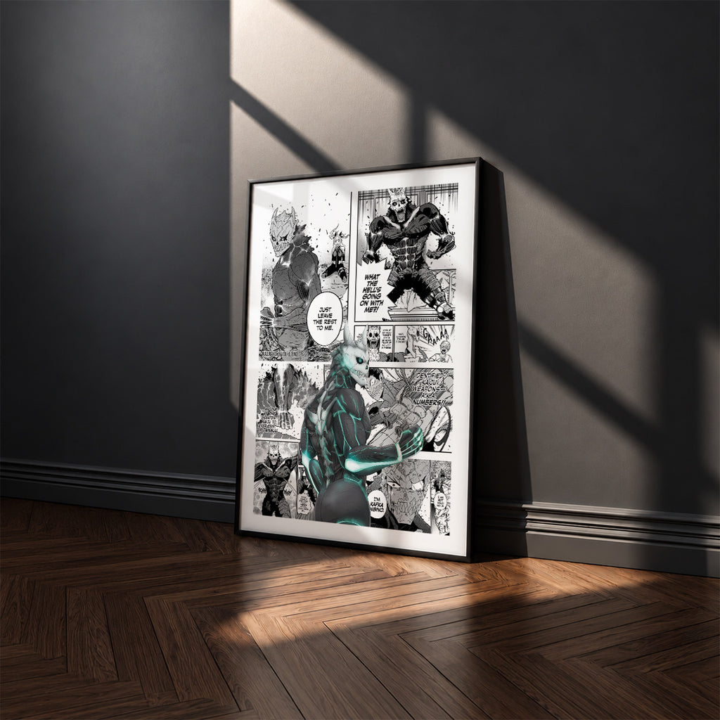 Kafka Hibino manga poster inspired by Kaiju No. 8 in a black frame against a charcoal gray wall