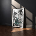 Kafka Hibino manga poster inspired by Kaiju No. 8 in a black frame against a charcoal gray wall