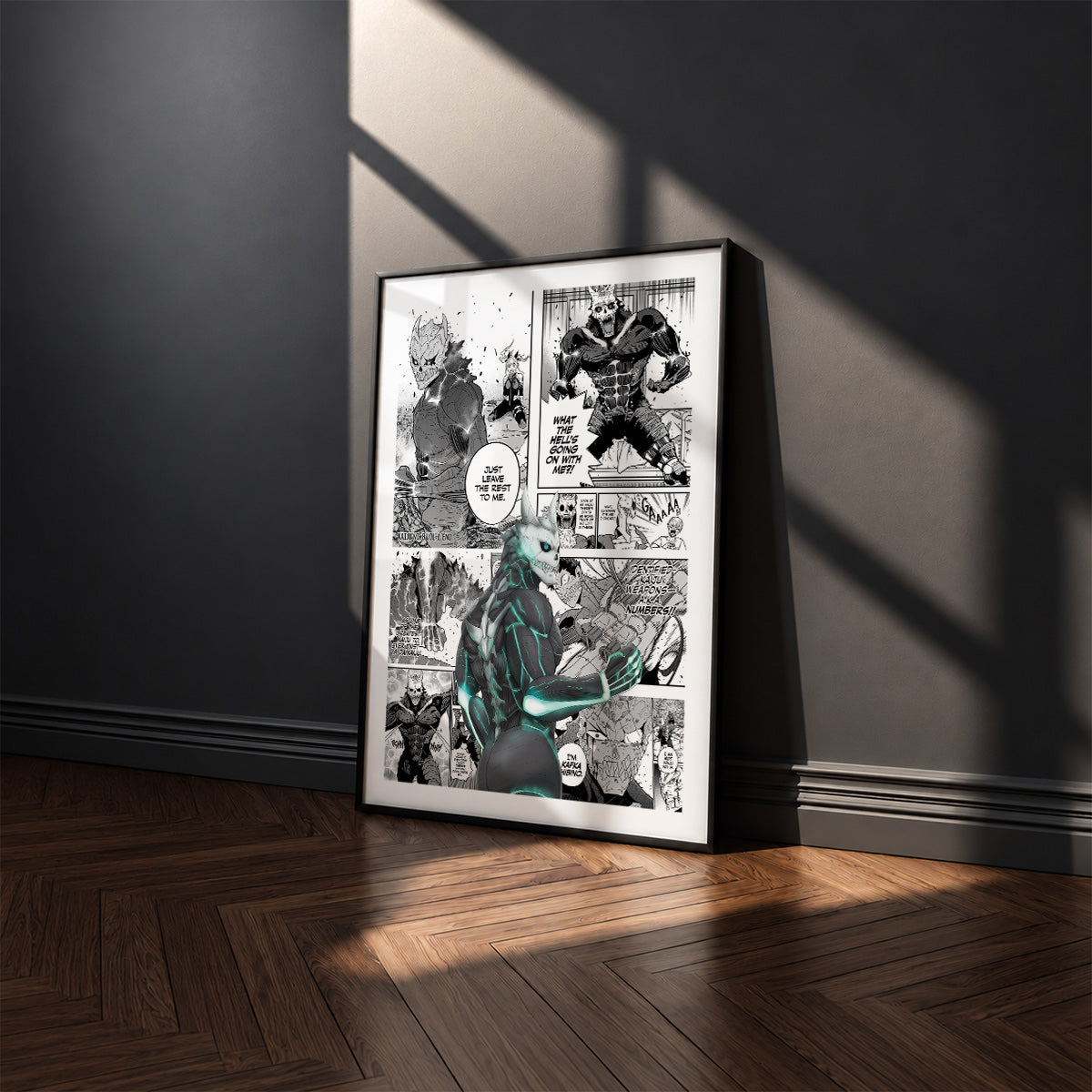 Kafka Hibino manga poster inspired by Kaiju No. 8 in a black frame against a charcoal gray wall