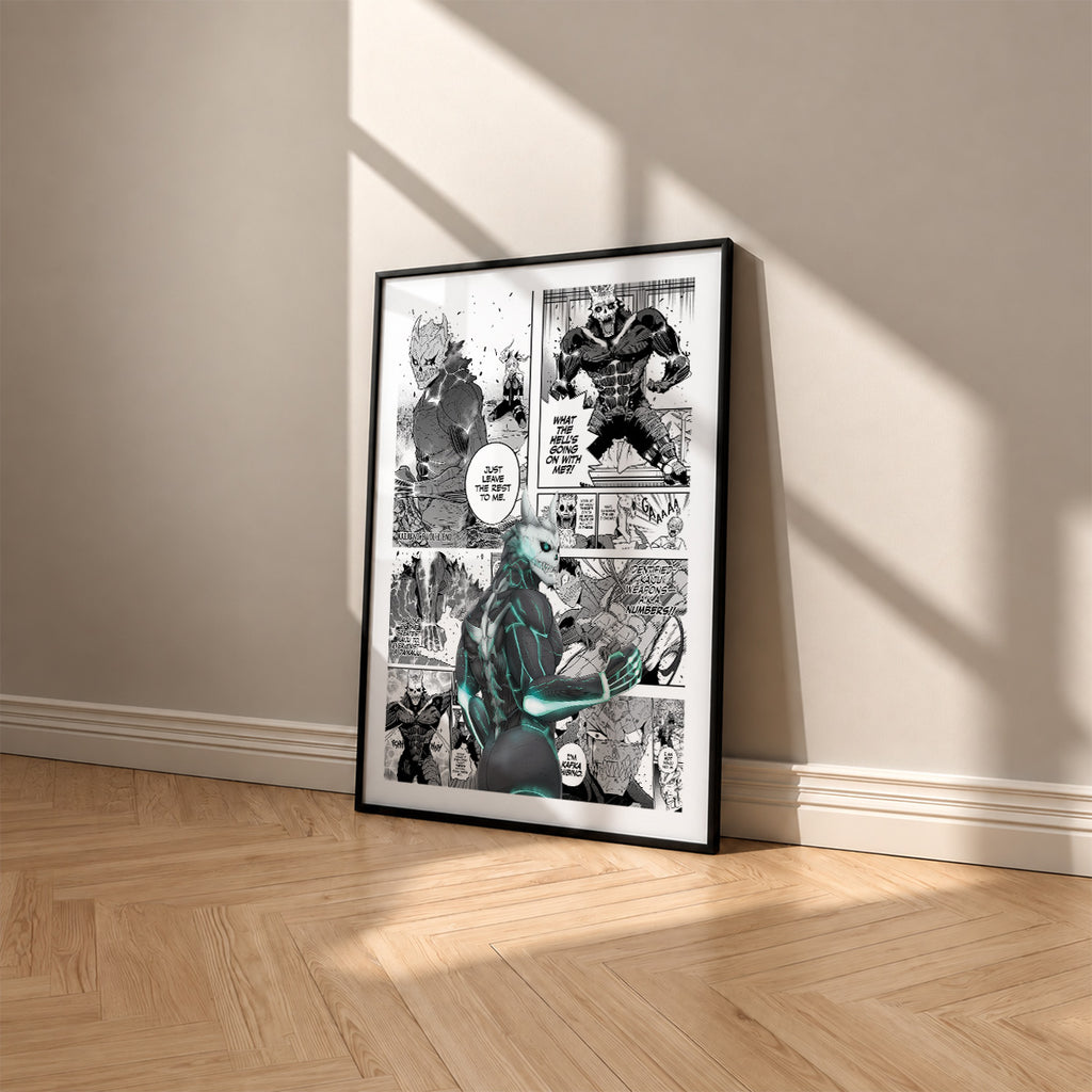 Kafka Hibino manga poster inspired by Kaiju No. 8 in a black frame against a warm beige wall