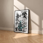 Kafka Hibino manga poster inspired by Kaiju No. 8 in a black frame against a warm beige wall