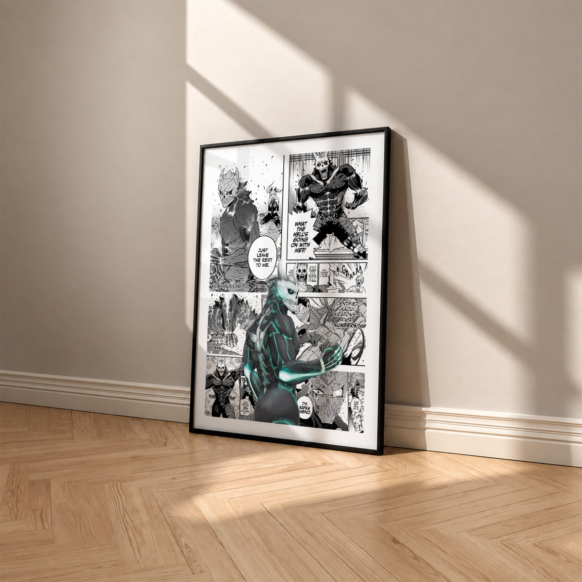 Kafka Hibino manga poster inspired by Kaiju No. 8 in a black frame against a warm beige wall