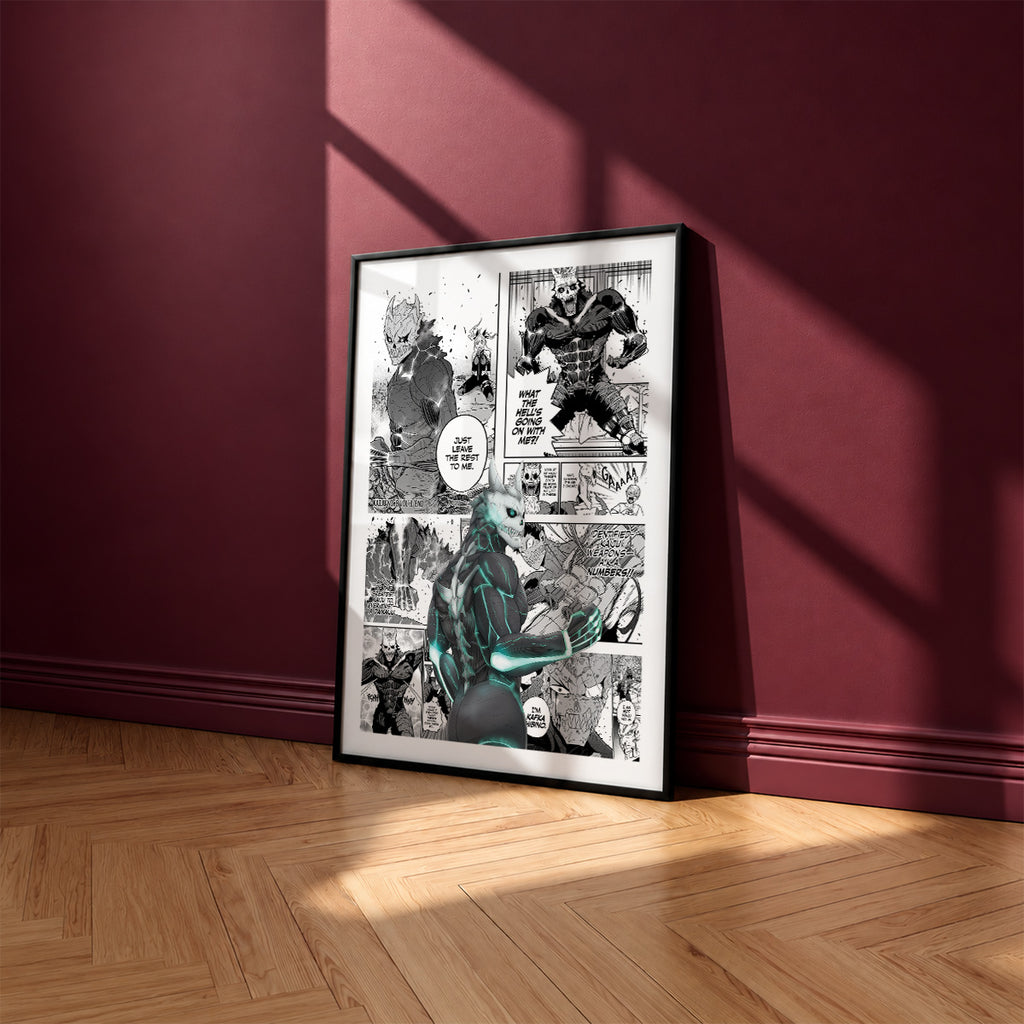Kafka Hibino manga poster inspired by Kaiju No. 8 in a black frame against a burgundy wall