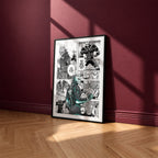 Kafka Hibino manga poster inspired by Kaiju No. 8 in a black frame against a burgundy wall