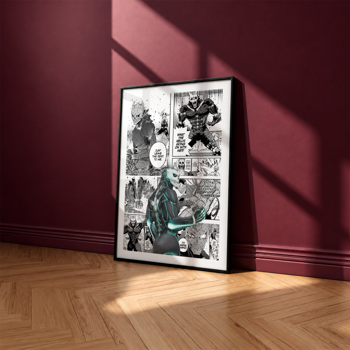 Kafka Hibino manga poster inspired by Kaiju No. 8 in a black frame against a burgundy wall