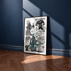 Kafka Hibino manga poster inspired by Kaiju No. 8 in a black frame against a navy blue wall
