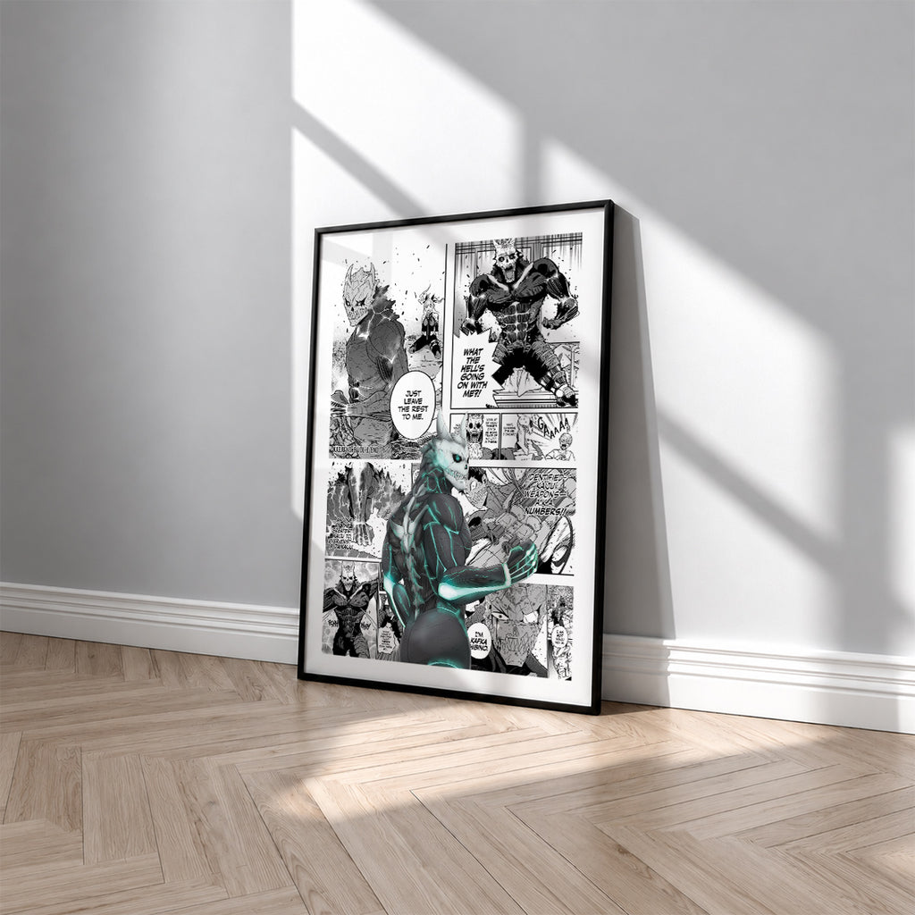 Kafka Hibino manga poster inspired by Kaiju No. 8 in a black frame against a light gray wall