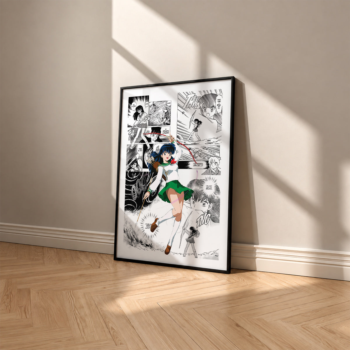 Kagome Higurashi manga poster inspired by Inuyasha in a black frame against a warm beige wall