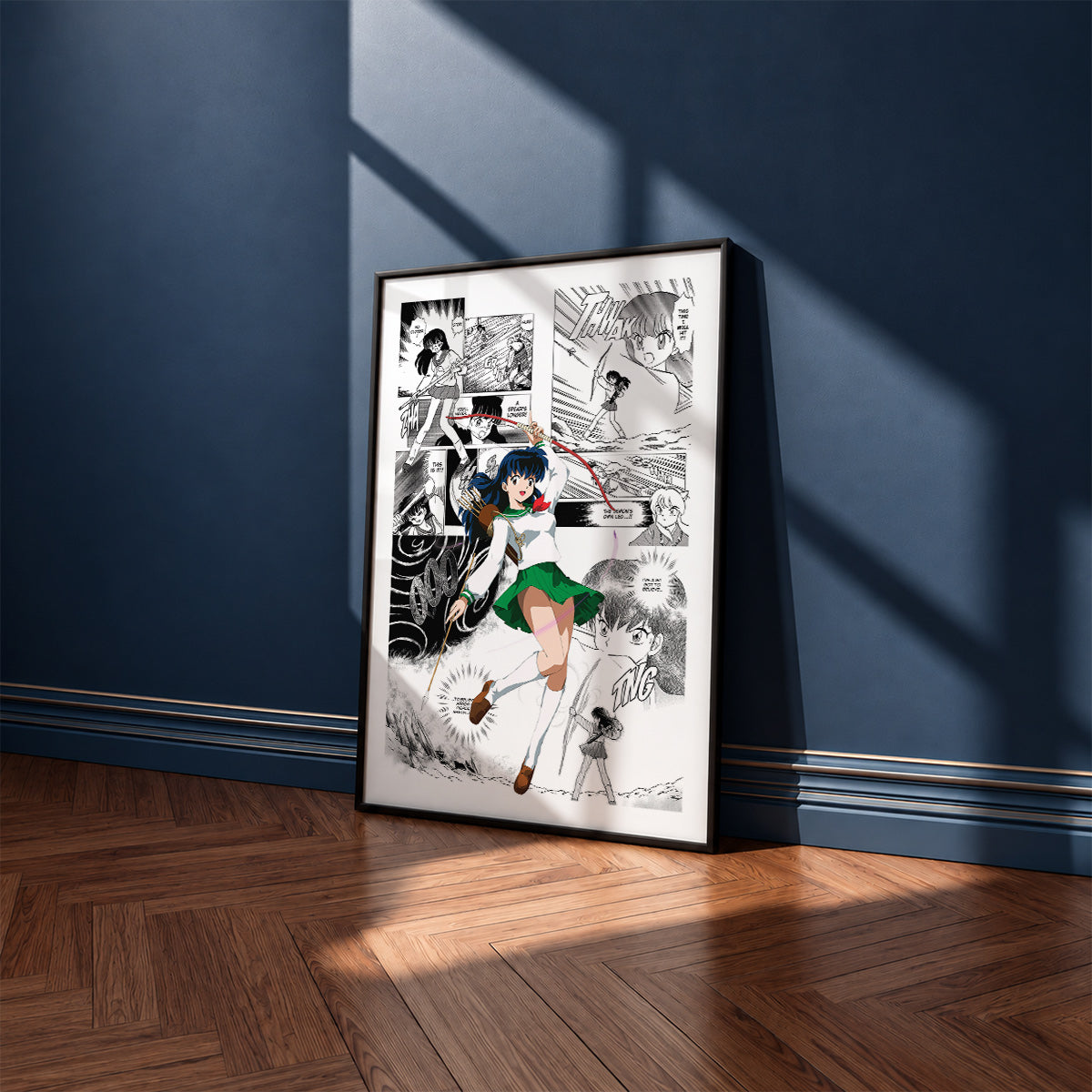Kagome Higurashi manga poster inspired by Inuyasha in a black frame against a navy blue wall