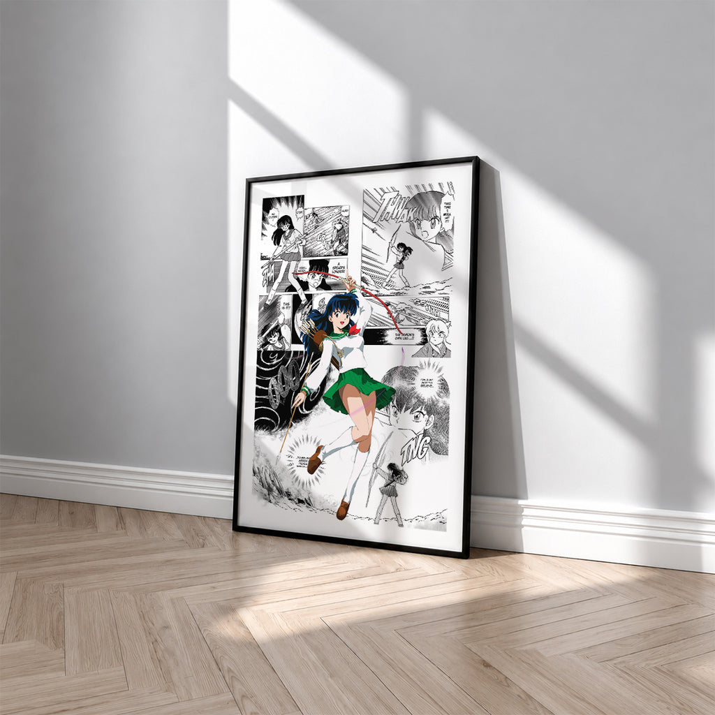 Kagome Higurashi manga poster inspired by Inuyasha in a black frame against a light gray wall