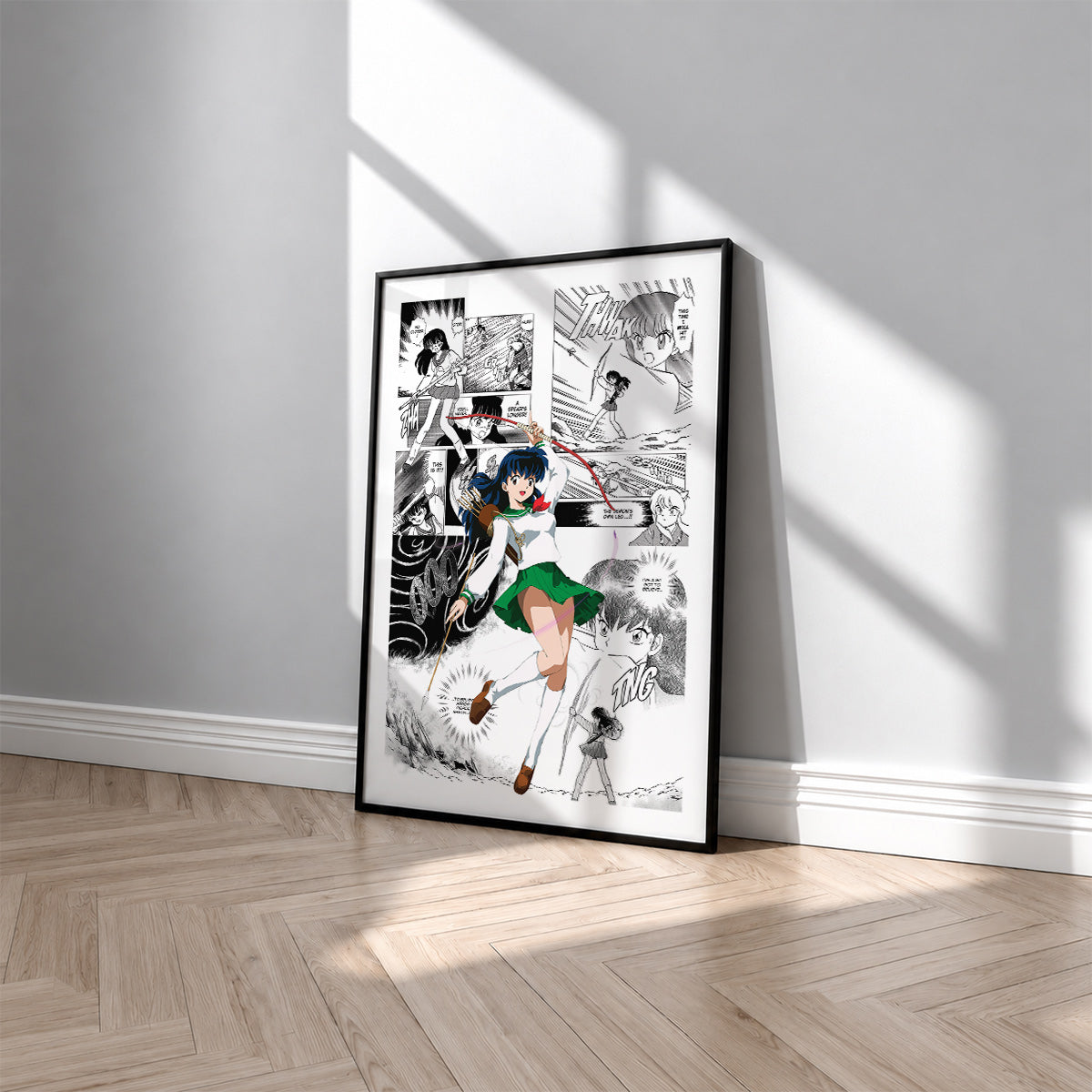 Kagome Higurashi manga poster inspired by Inuyasha in a black frame against a light gray wall