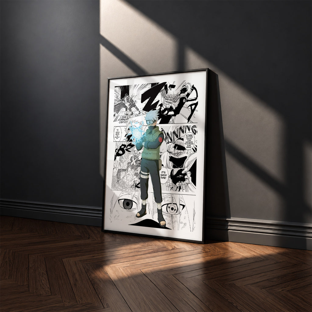 Kakashi Hatake manga poster inspired by Naruto in a black frame against a charcoal gray wall