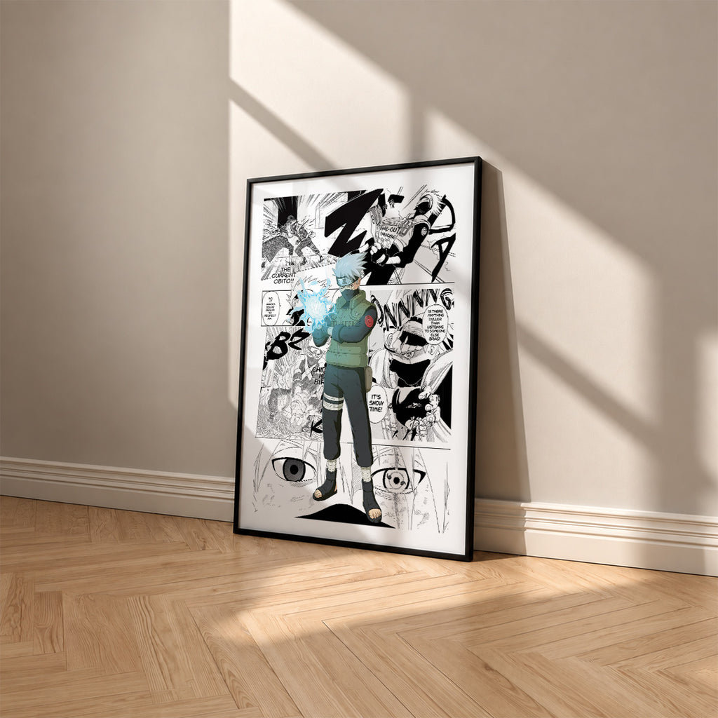 Kakashi Hatake manga poster inspired by Naruto in a black frame against a warm beige wall