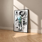 Kakashi Hatake manga poster inspired by Naruto in a black frame against a warm beige wall