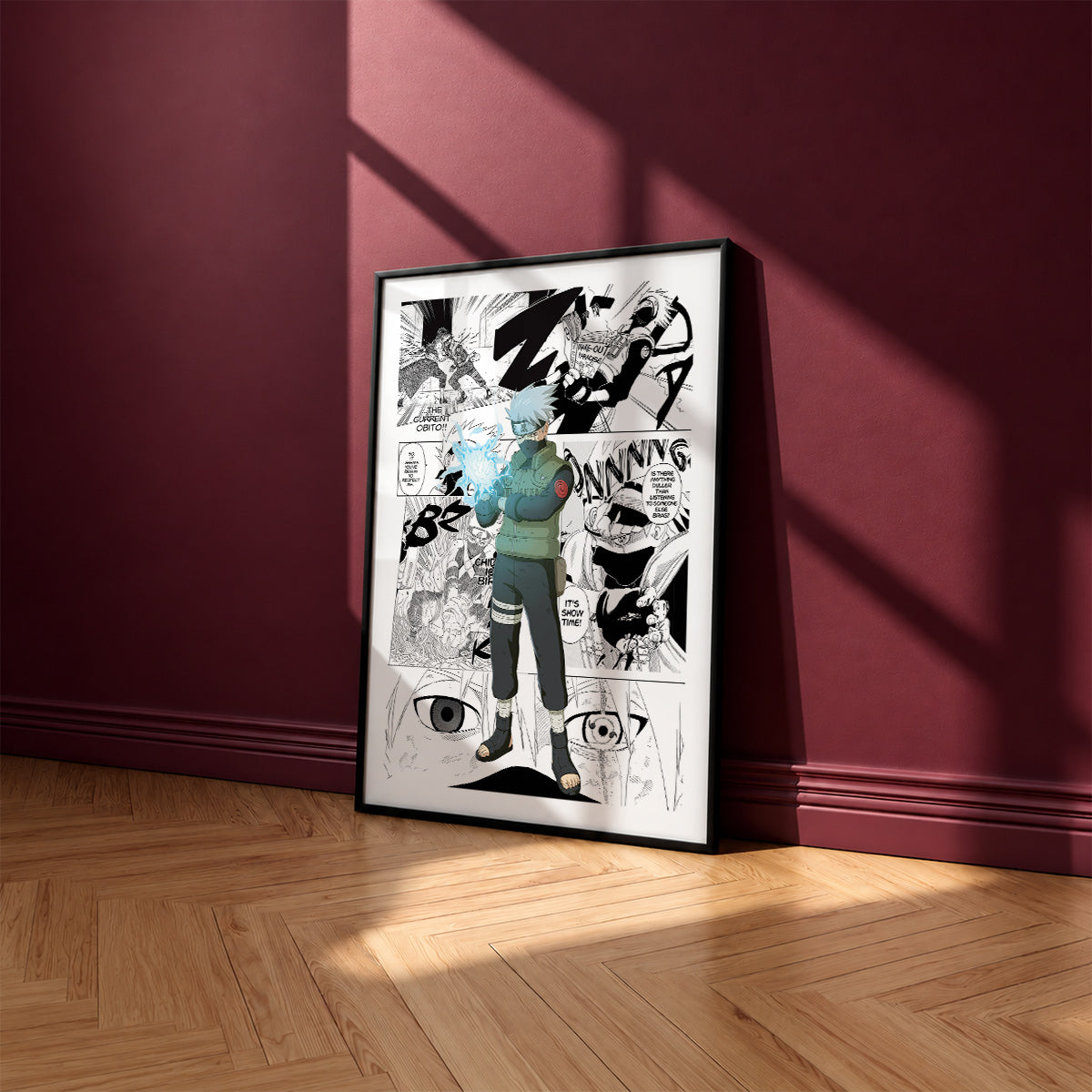 Kakashi Hatake manga poster inspired by Naruto in a black frame against a burgundy wall