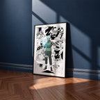 Kakashi Hatake manga poster inspired by Naruto in a black frame against a navy blue wall
