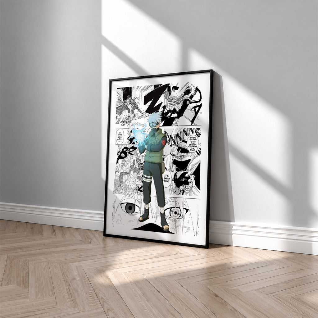 Kakashi Hatake manga poster inspired by Naruto in a black frame against a light gray wall