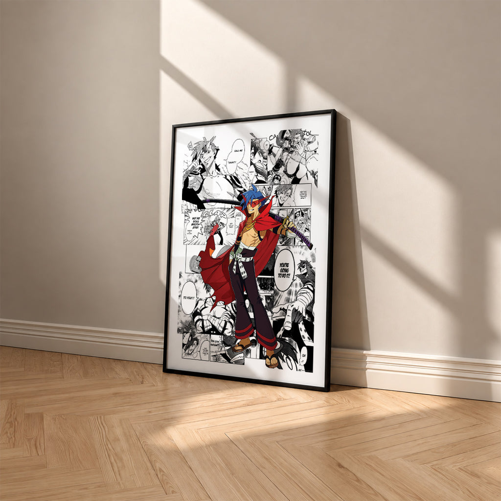 Kamina manga poster inspired by Gurren Lagann in a black frame against a warm beige wall
