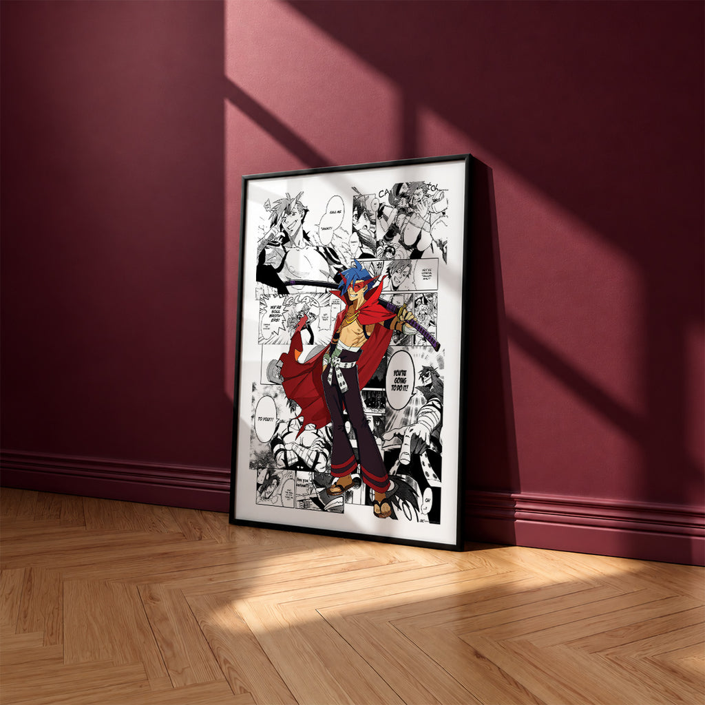 Kamina manga poster inspired by Gurren Lagann in a black frame against a burgundy wall