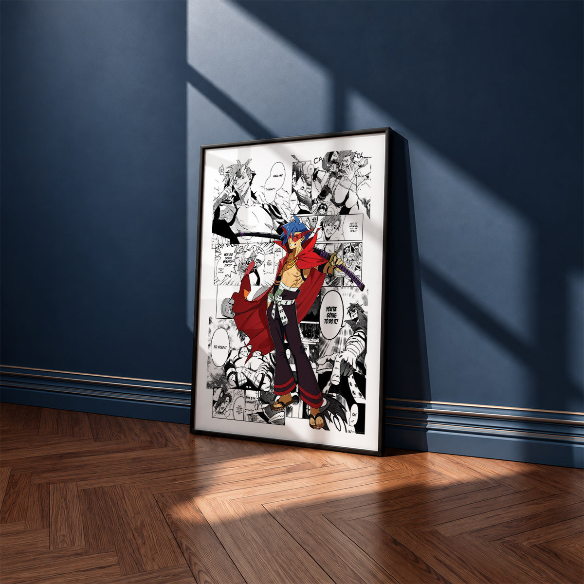 Kamina manga poster inspired by Gurren Lagann in a black frame against a navy blue wall