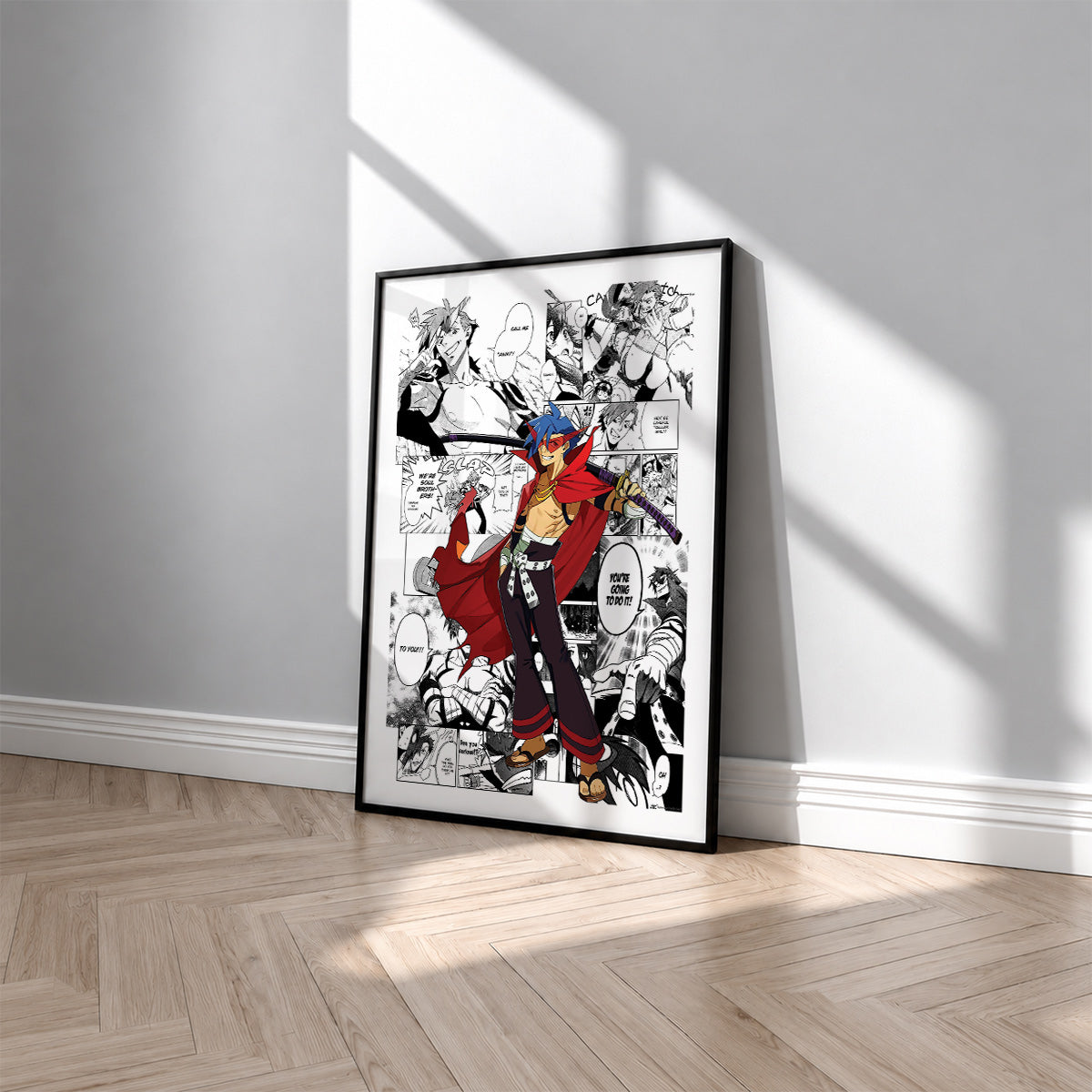 Kamina manga poster inspired by Gurren Lagann in a black frame against a light gray wall