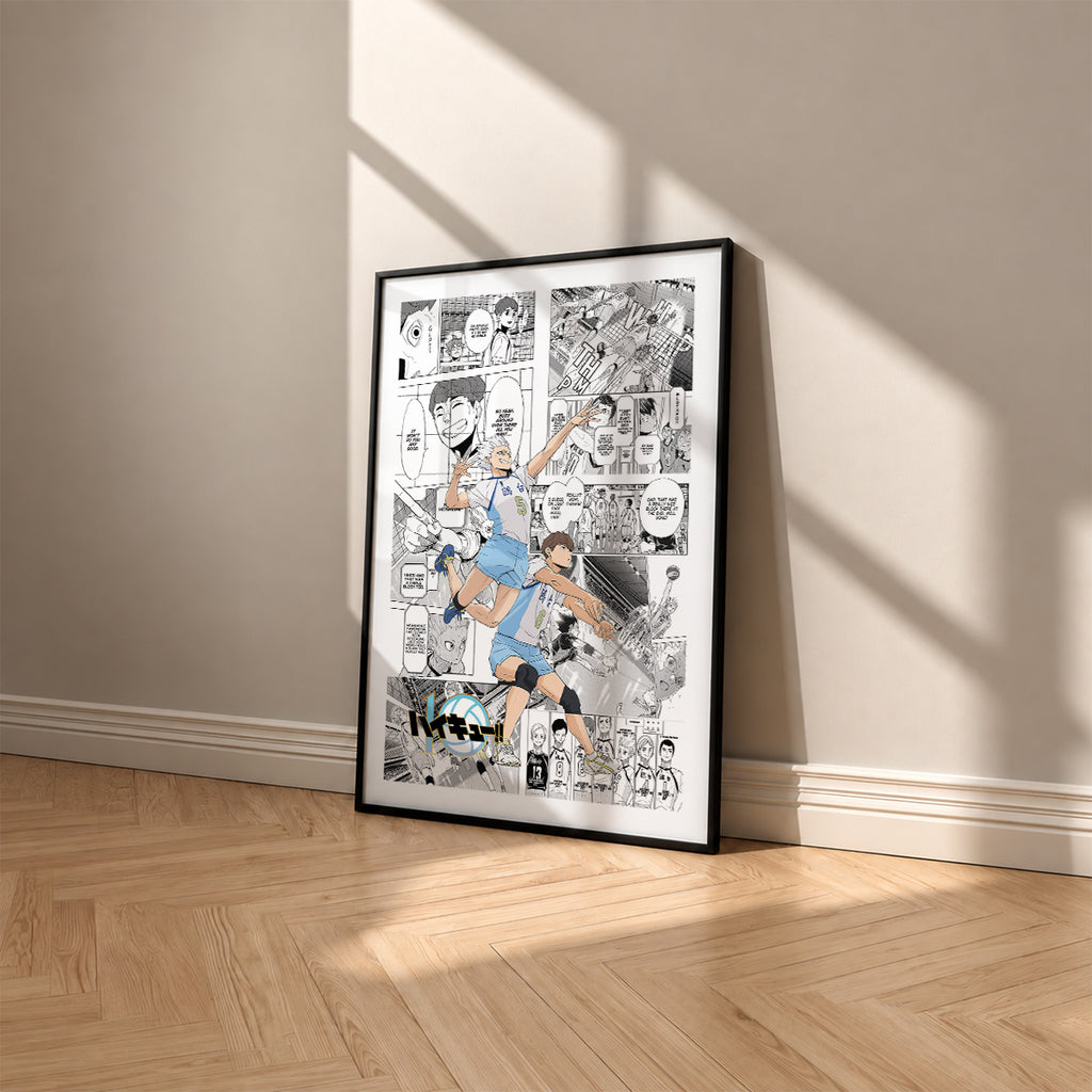 Kamomedai High manga poster inspired by Haikyu!! in a black frame against a warm beige wall