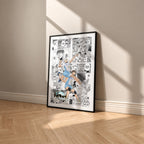 Kamomedai High manga poster inspired by Haikyu!! in a black frame against a warm beige wall