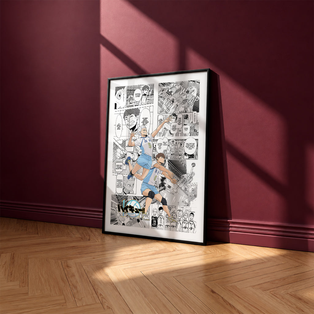 Kamomedai High manga poster inspired by Haikyu!! in a black frame against a burgundy wall