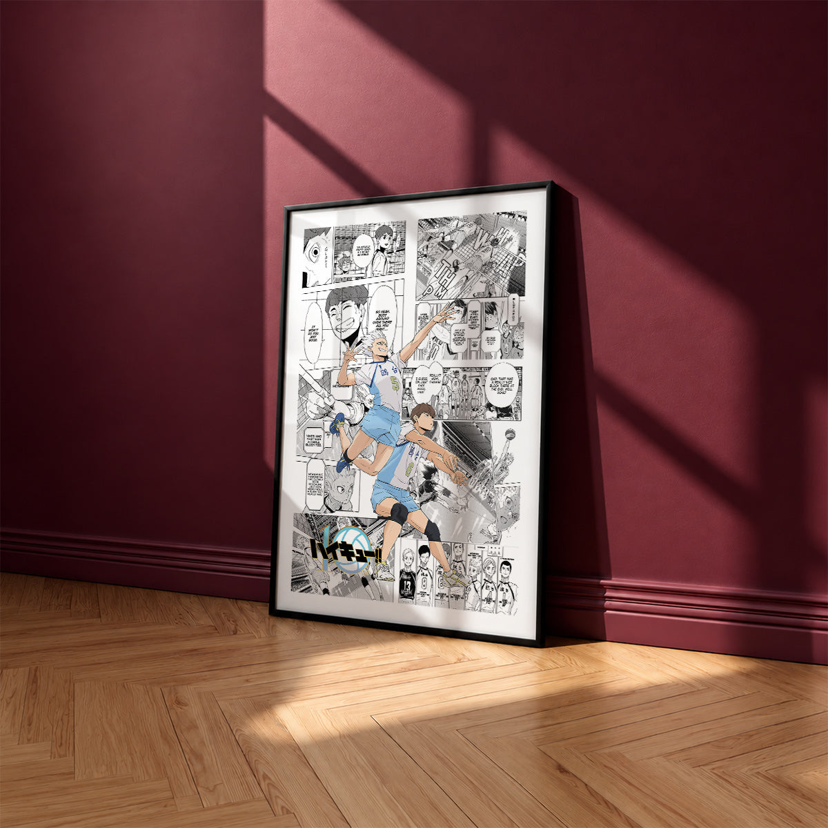 Kamomedai High manga poster inspired by Haikyu!! in a black frame against a burgundy wall