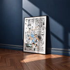 Kamomedai High manga poster inspired by Haikyu!! in a black frame against a navy blue wall