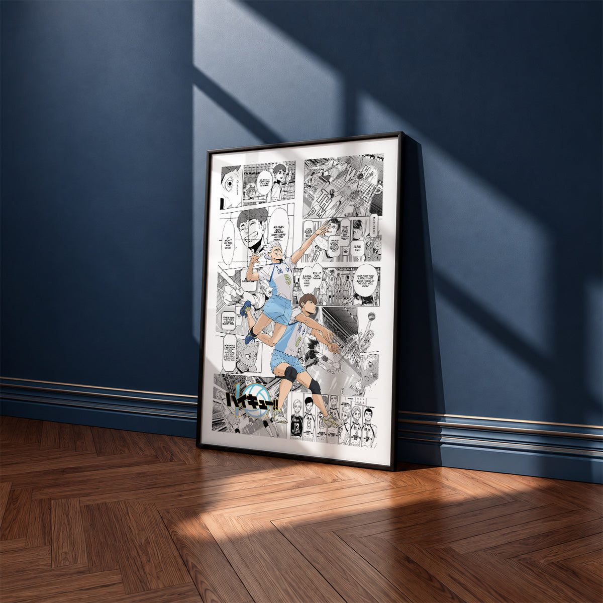 Kamomedai High manga poster inspired by Haikyu!! in a black frame against a navy blue wall