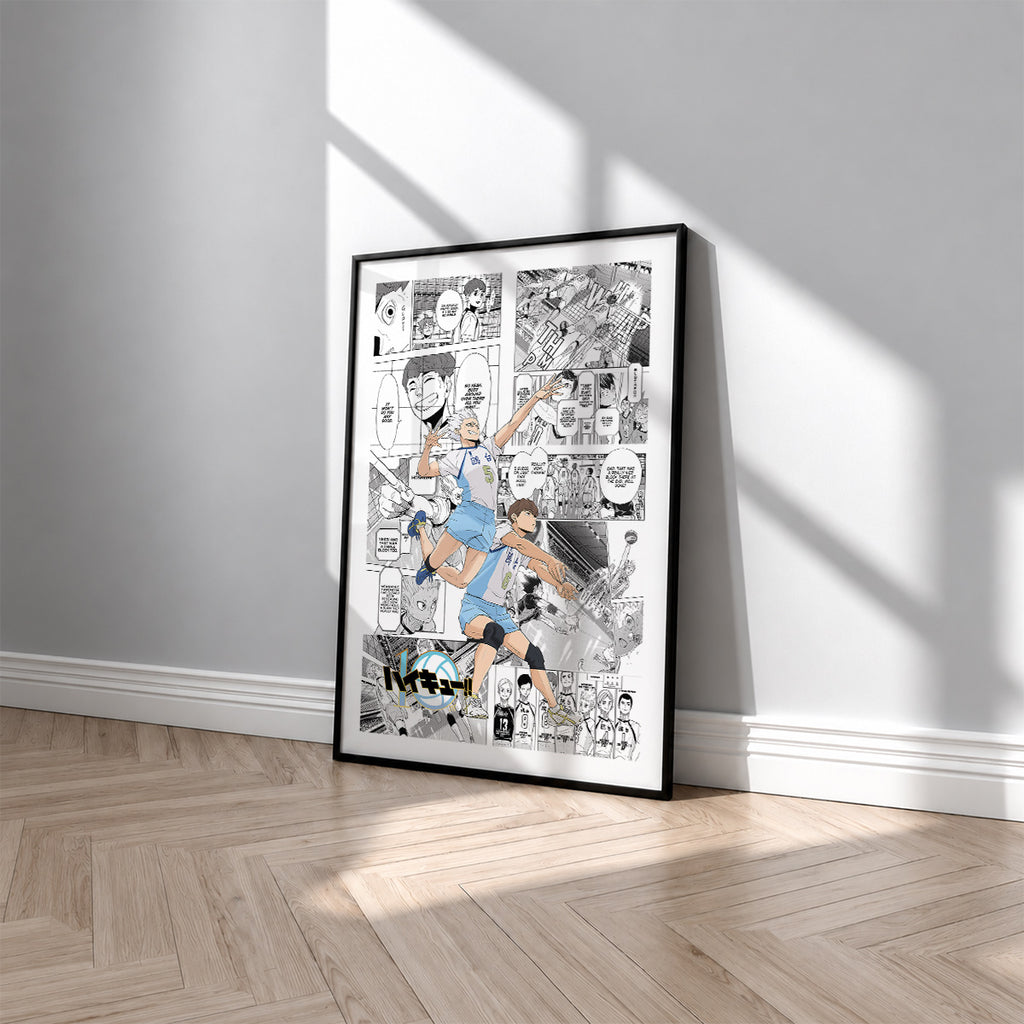 Kamomedai High manga poster inspired by Haikyu!! in a black frame against a light gray wall