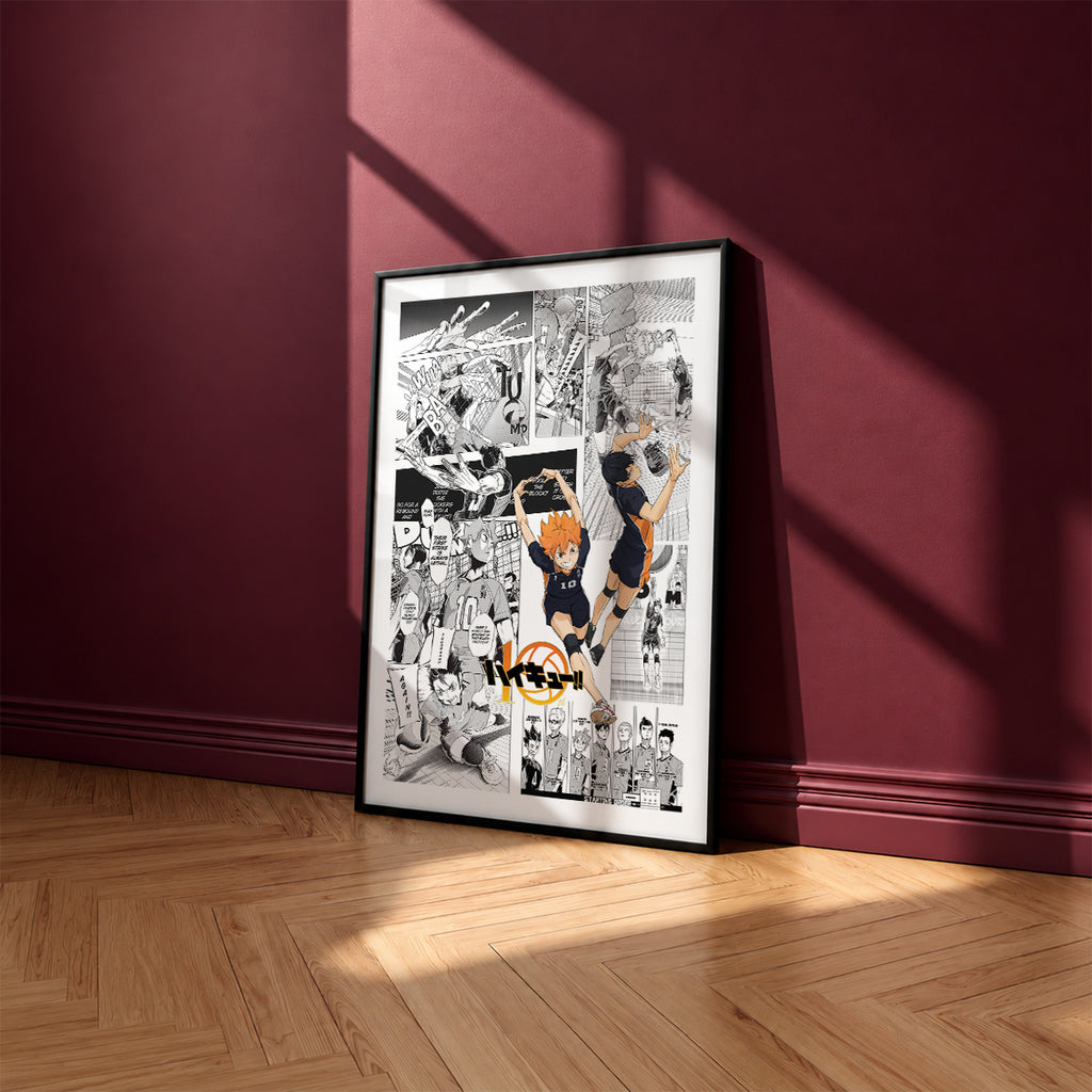 Karasuno High manga poster inspired by Haikyu!! in a black frame against a burgundy wall