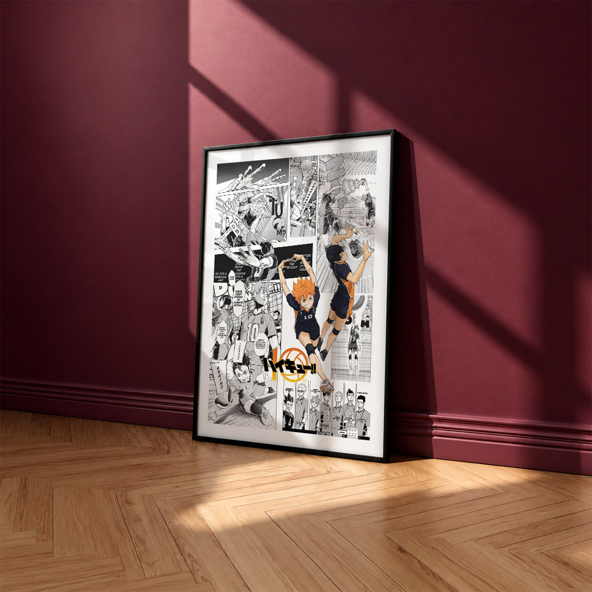 Karasuno High manga poster inspired by Haikyu!! in a black frame against a burgundy wall