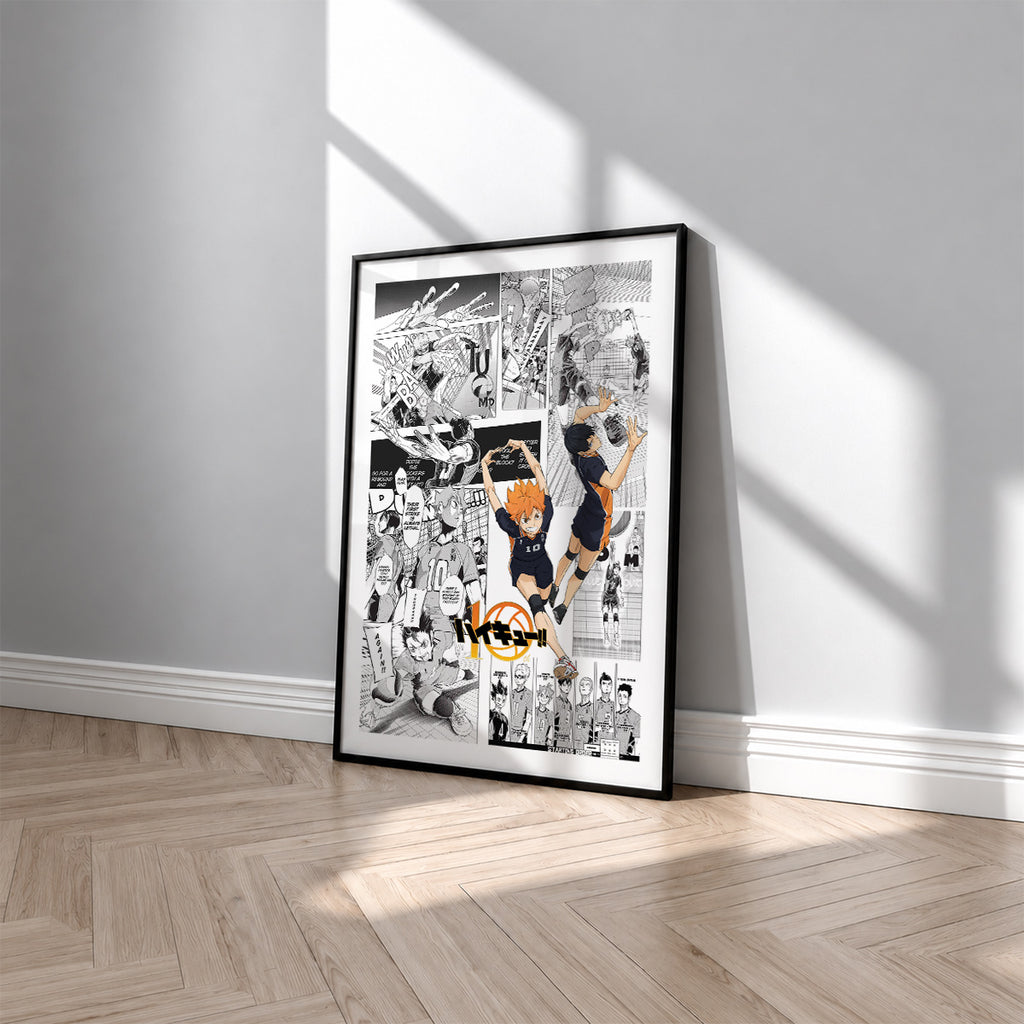Karasuno High manga poster inspired by Haikyu!! in a black frame against a light gray wall