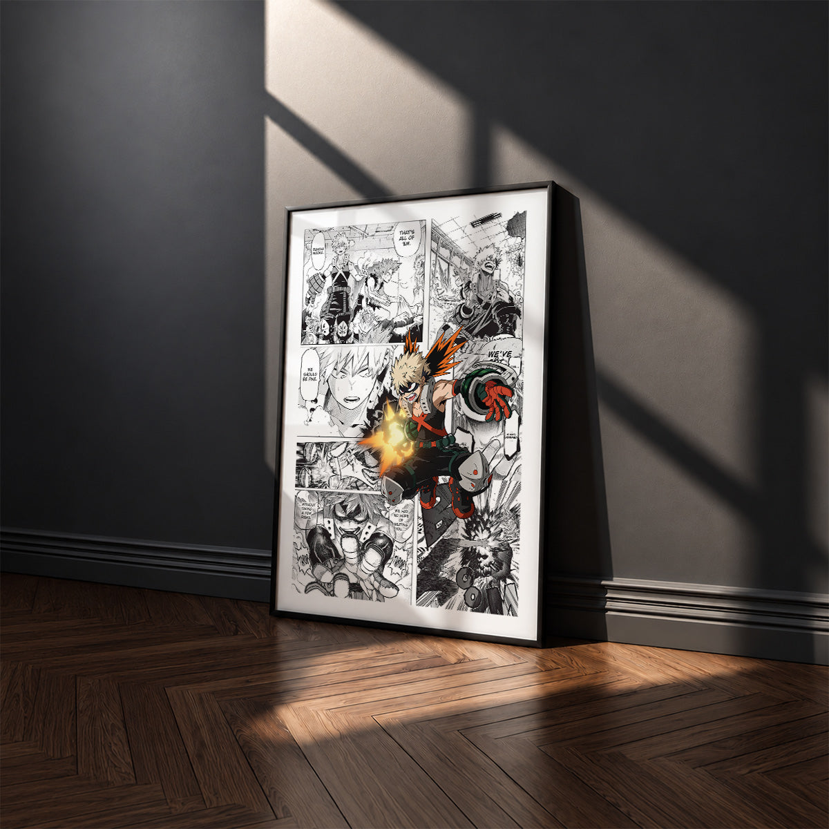Katsuki Bakugo manga poster inspired by My Hero Academia in a black frame against a charcoal gray wall