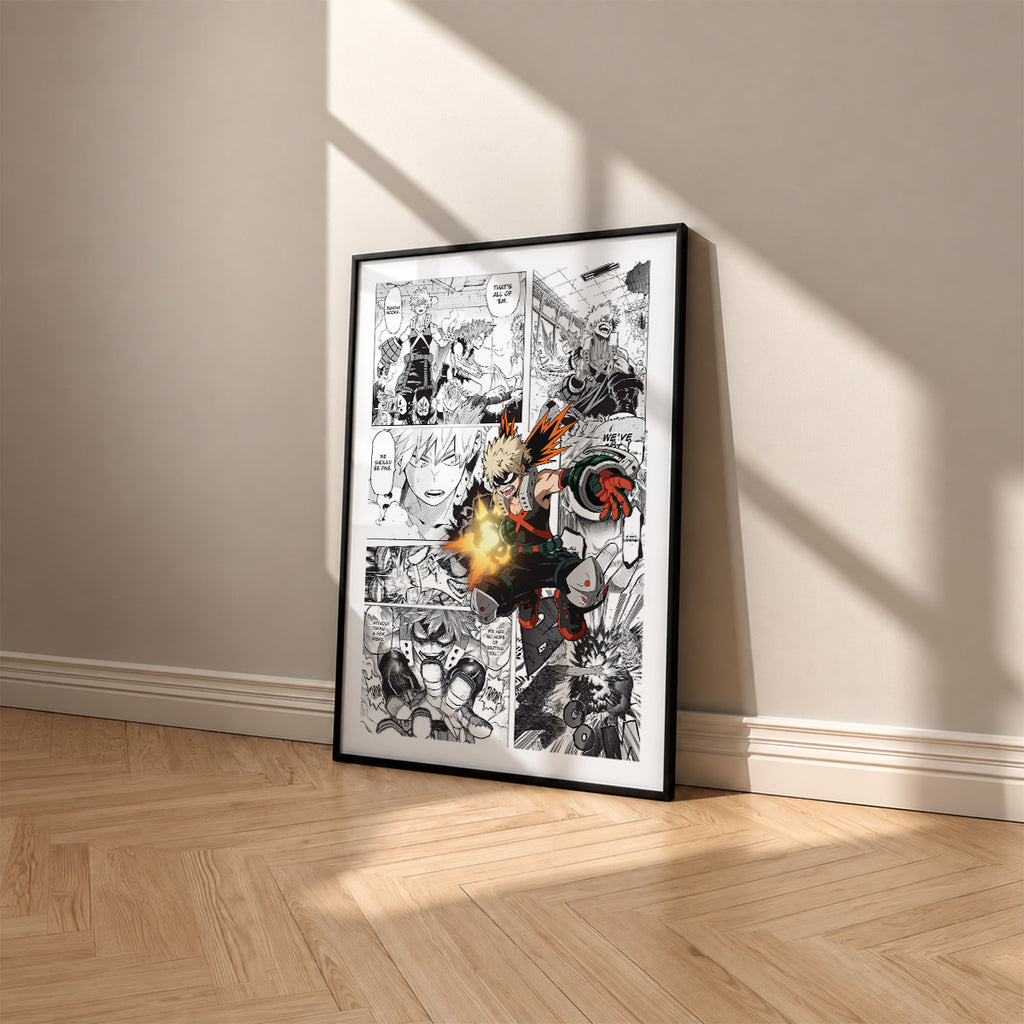 Katsuki Bakugo manga poster inspired by My Hero Academia in a black frame against a warm beige wall