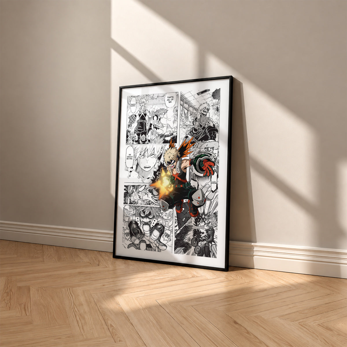 Katsuki Bakugo manga poster inspired by My Hero Academia in a black frame against a warm beige wall