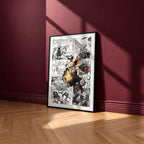 Katsuki Bakugo manga poster inspired by My Hero Academia in a black frame against a burgundy wall